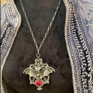 "Evil Bat" Bird Skeleton Head and Ruby-Colored Austrian Crystal Pendant